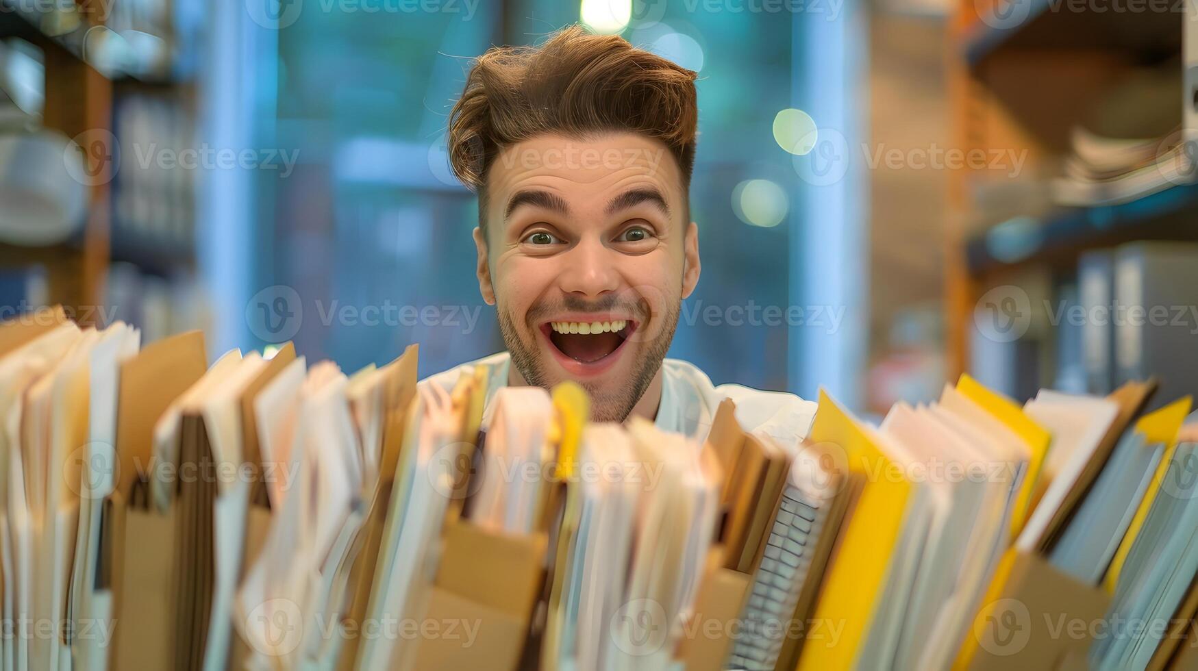 Enthusiastic Young Professional Organizing Files with Joyful Expression photo