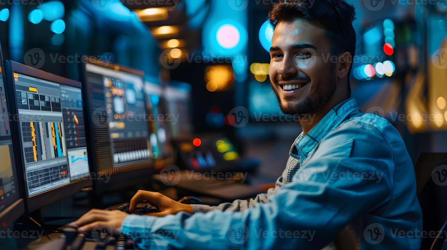 Happy Young Computer Programmer Focused on Work in Bright Modern Office photo