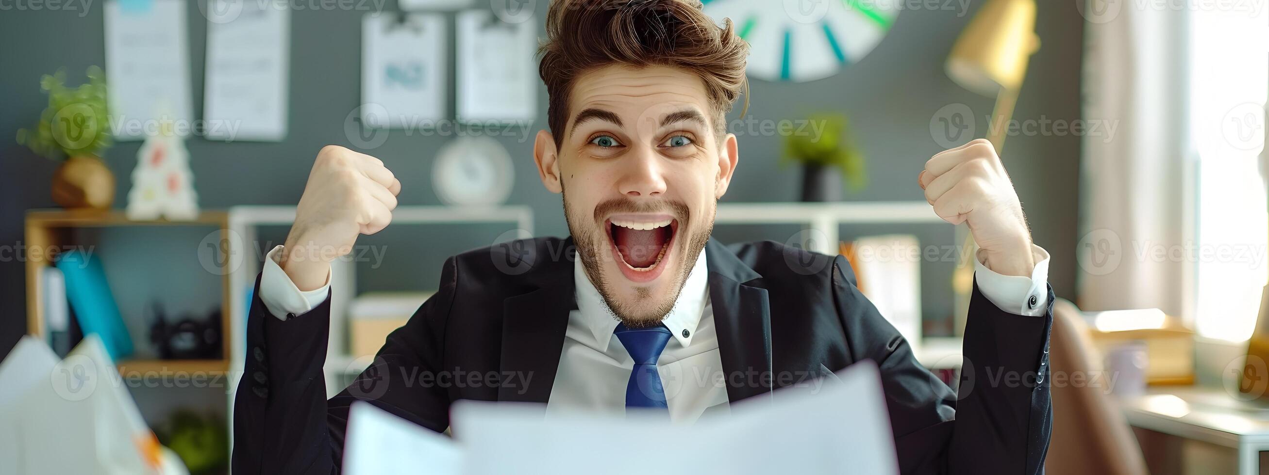 Young Corporate Professional Celebrating Successful Workday at Desk photo
