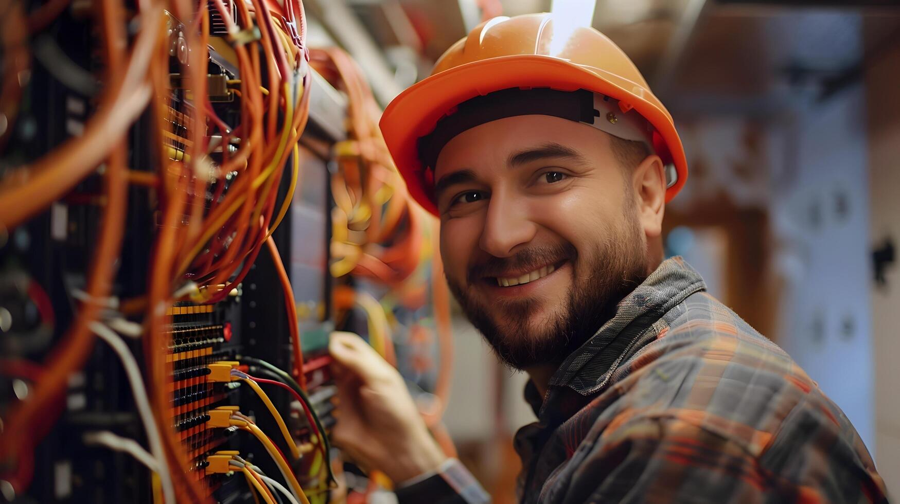 Cheerful Electrician Amid Electric Wires and Tools in Industrial Workplace photo