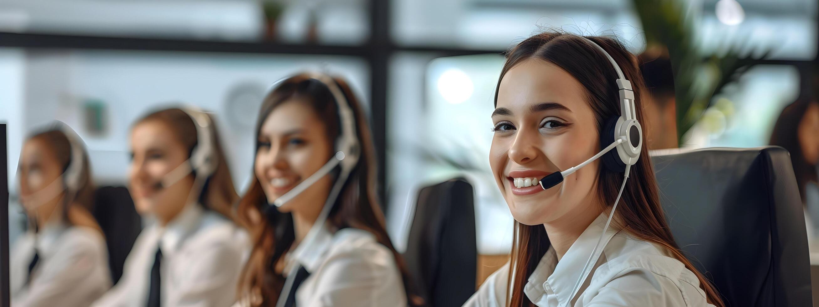 Cheerful Customer Service Team Providing Assistance in Modern Office Setting photo