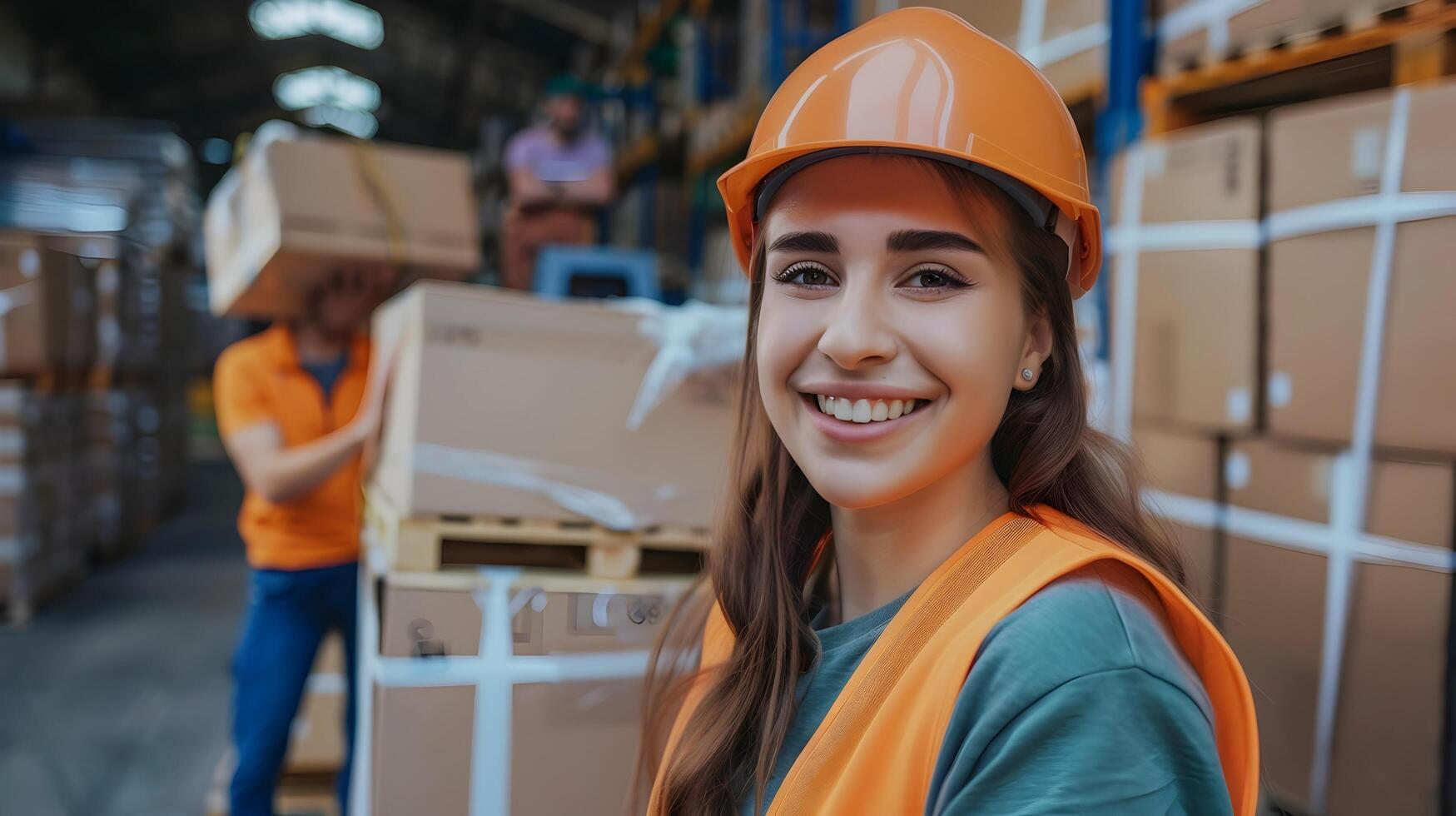 Cheerful Warehouse Worker Handling Shipment in Organized Distribution Center photo