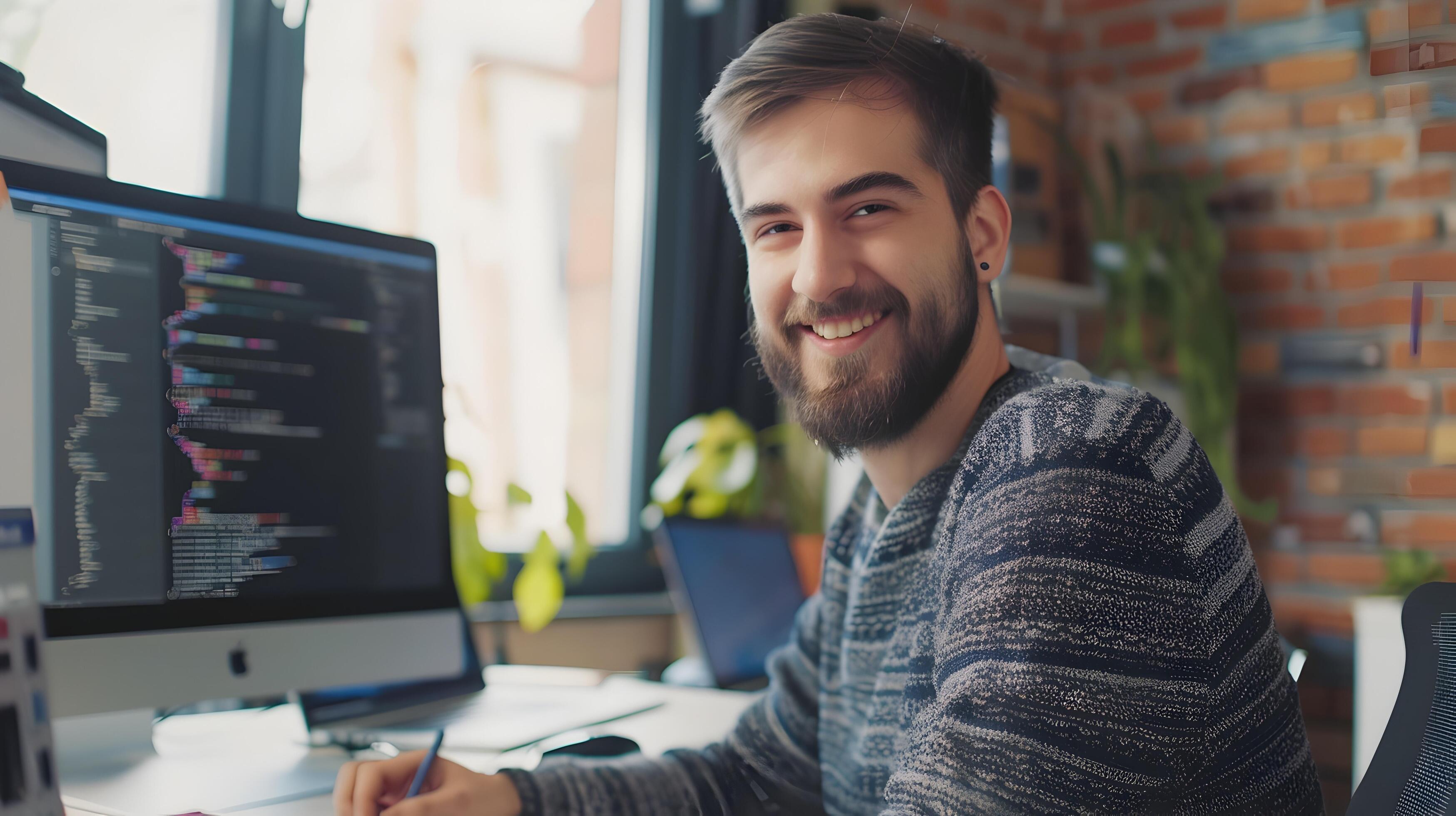 Cheerful Web Developer Coding at Computer in Modern Office 47268505 ...