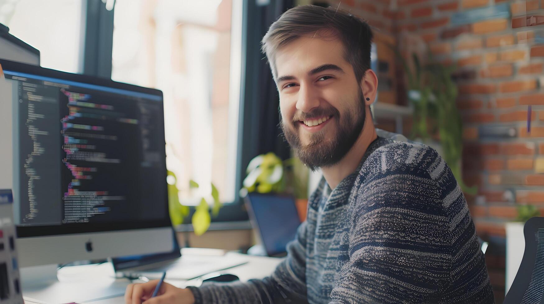 Cheerful Web Developer Coding at Computer in Modern Office photo