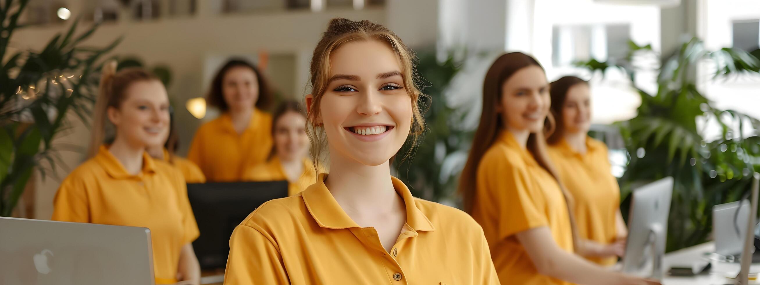 Cheerful Front Line Employees Collaborating in a Dynamic Office Environment photo