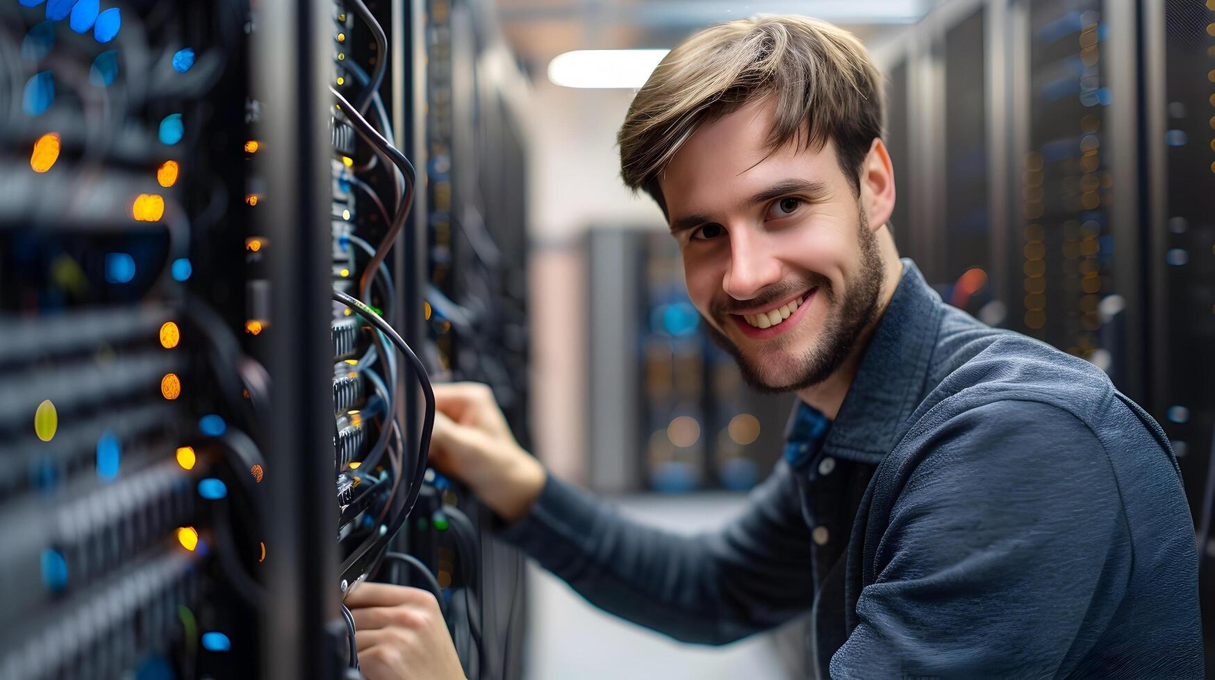 Cheerful Network Administrator Attentively Working on Server Setup in Workplace photo
