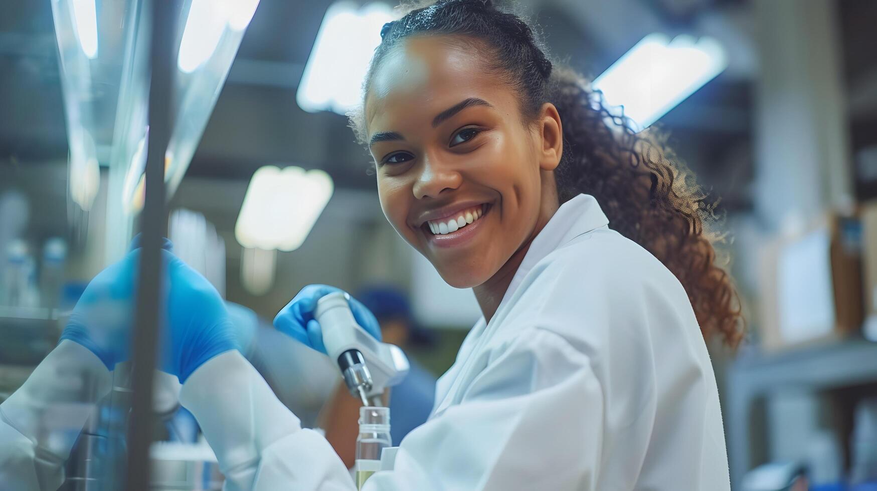 Cheerful Young Female Professional Conducting Control Inspection in Laboratory photo