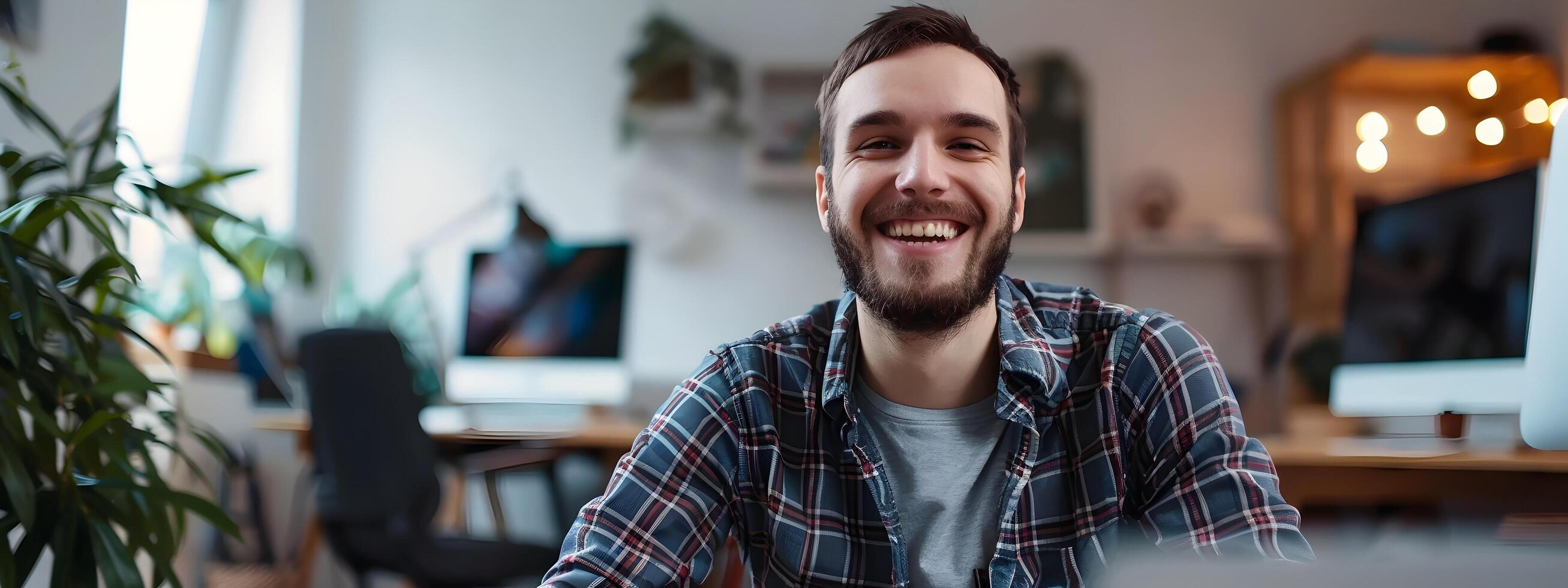 Cheerful Young Tech Professional Working Diligently in Home Office Setting photo