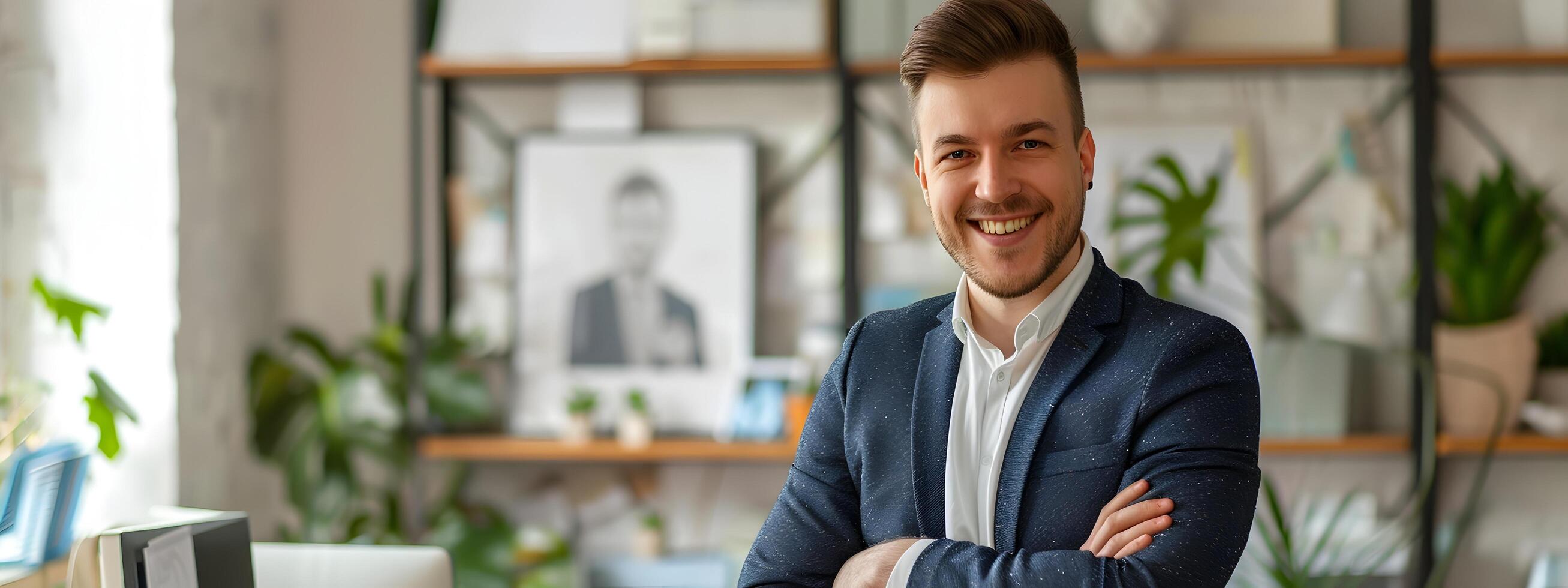 Confident Business Professional Smiling in Modern Office Environment photo