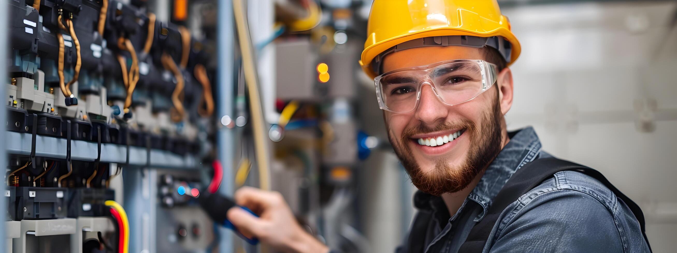 Confident Electrician Working Diligently at Industrial Electrical Panel photo