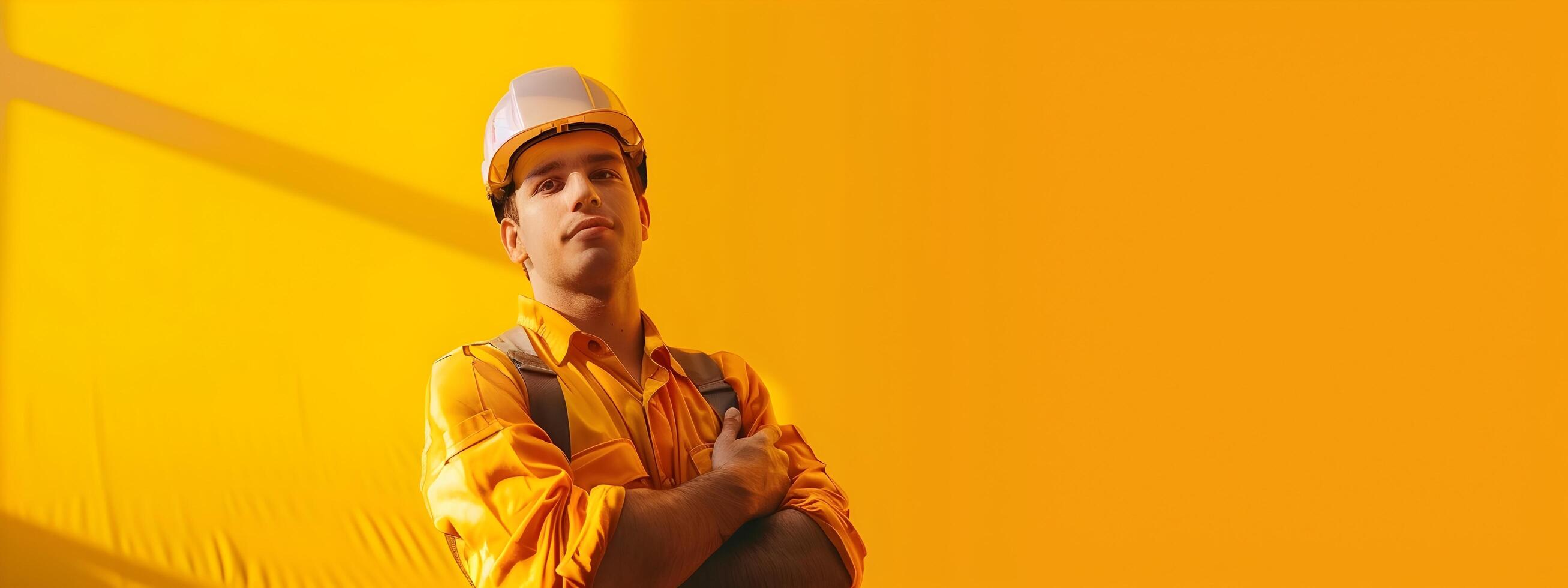Confident Construction Worker Overseeing Site with Expertise photo