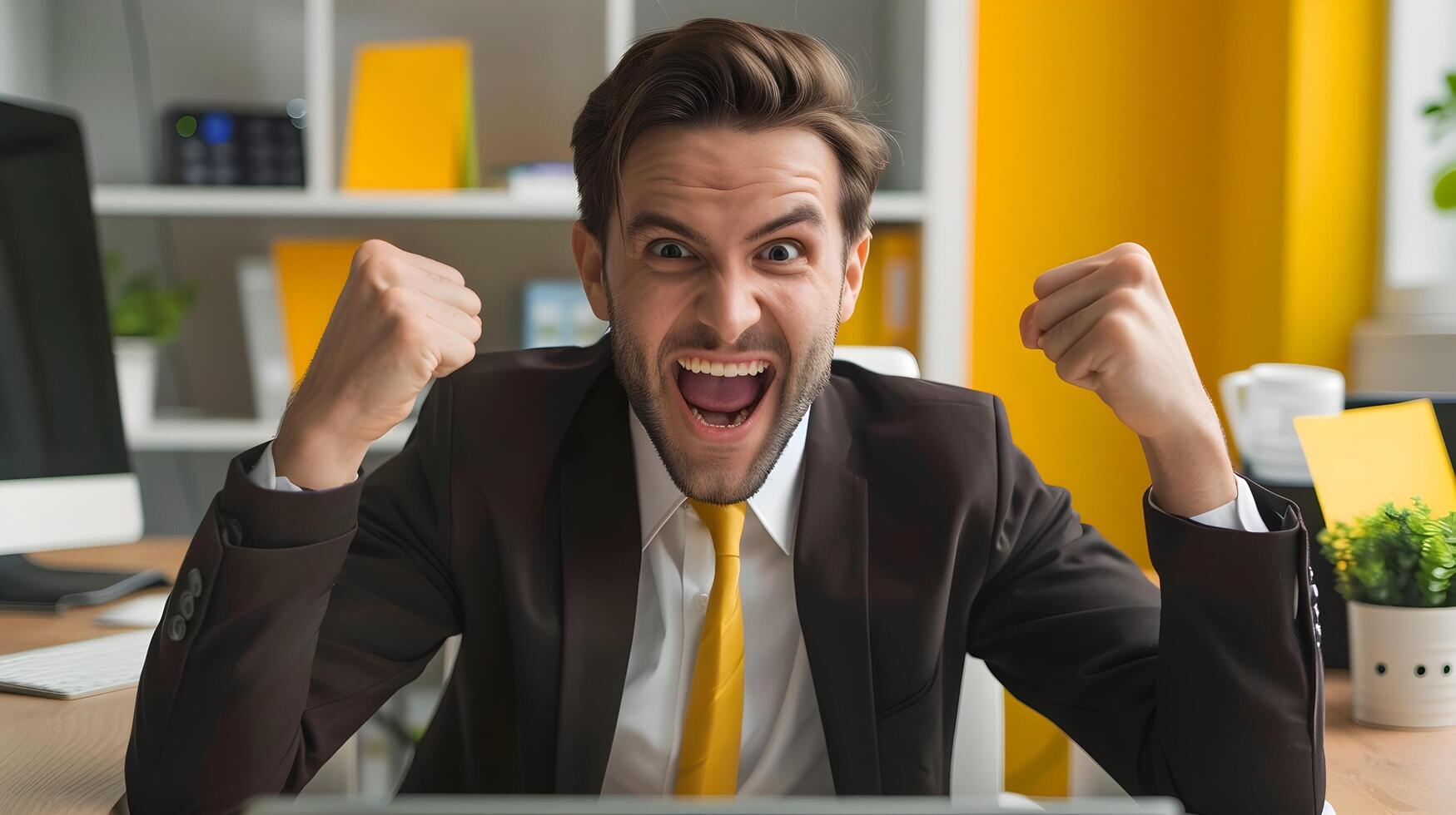 Enthusiastic Businessman Celebrating Professional Achievement in the Office photo