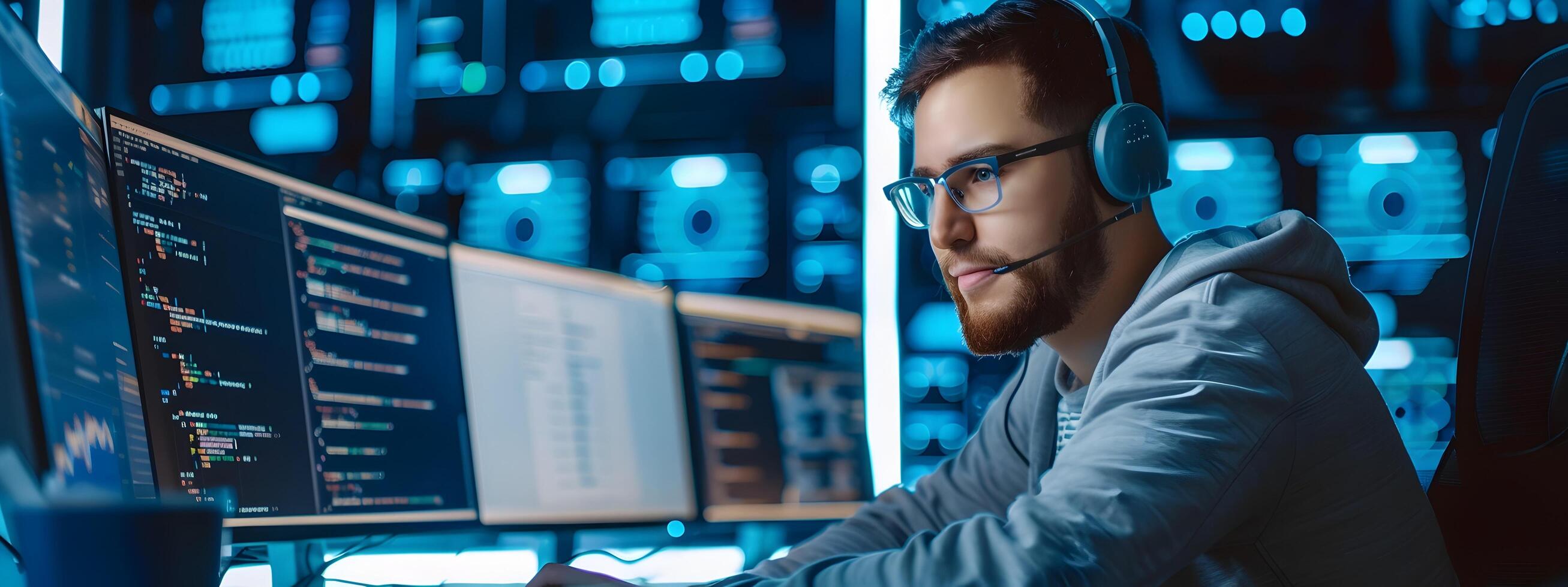 Focused Information Security Analyst Examining Network Data at Modern Workstation photo