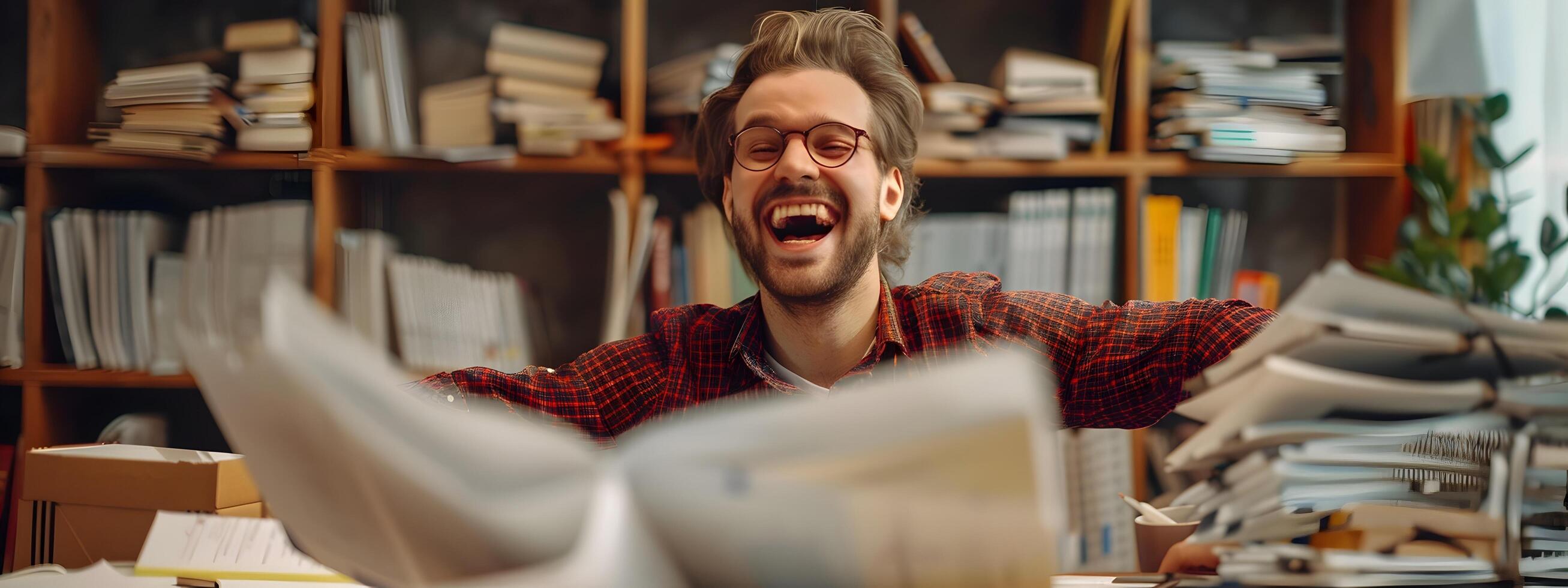 Enthusiastic Young Bookkeeper Passionately Working in His Organized Office with Bookshelves Behind Him photo