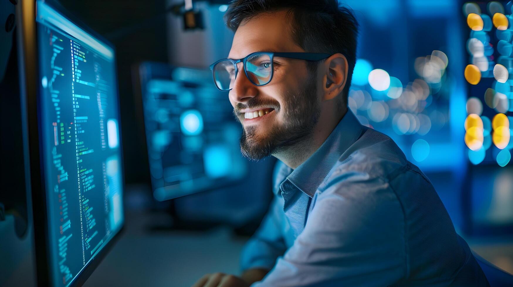 Focused Young Professional Analyzing Data on Computer Screen in Office Environment photo