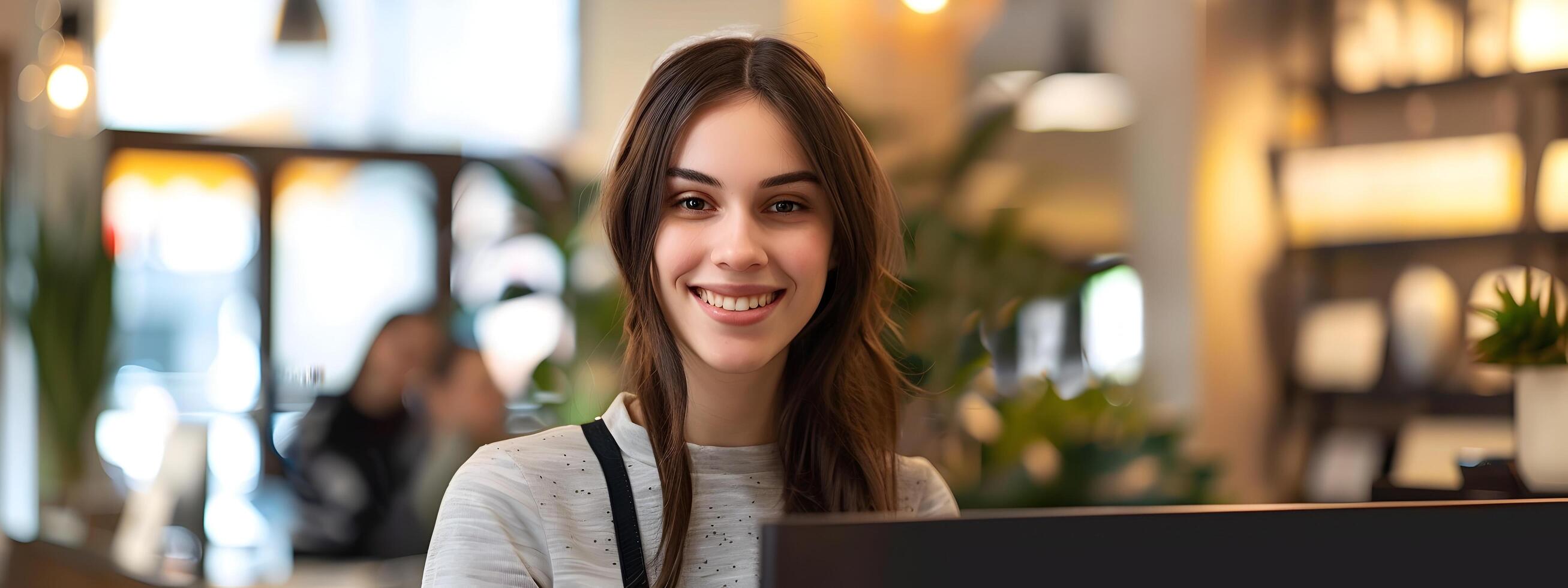 Friendly and Efficient Young Receptionist Welcoming Visitors in Modern Office Environment photo