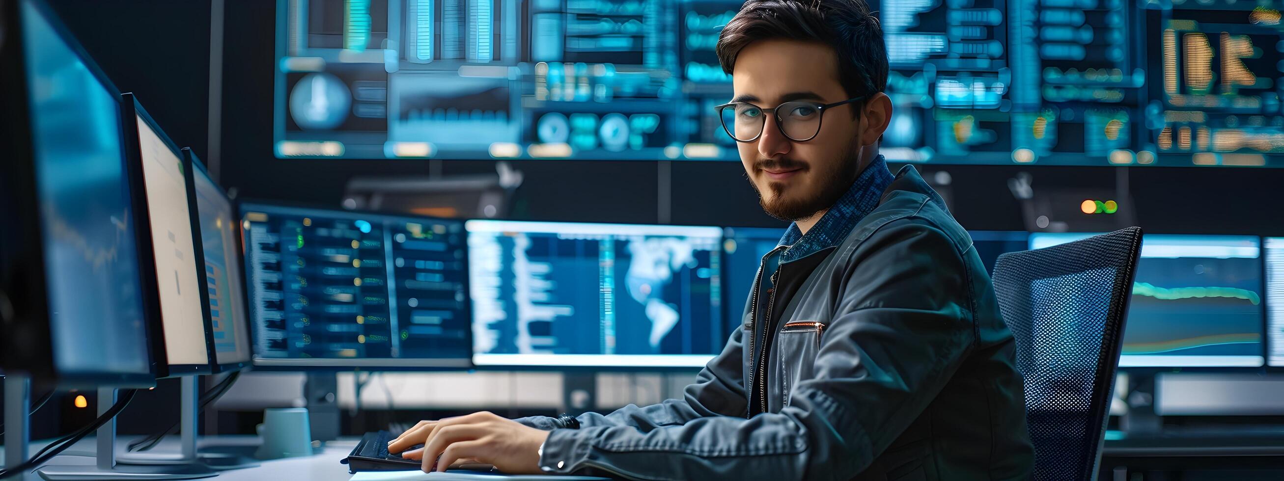 Focused Young Information Security Analyst Examining Data Insights on Multiple Screens in Modern Office Environment photo