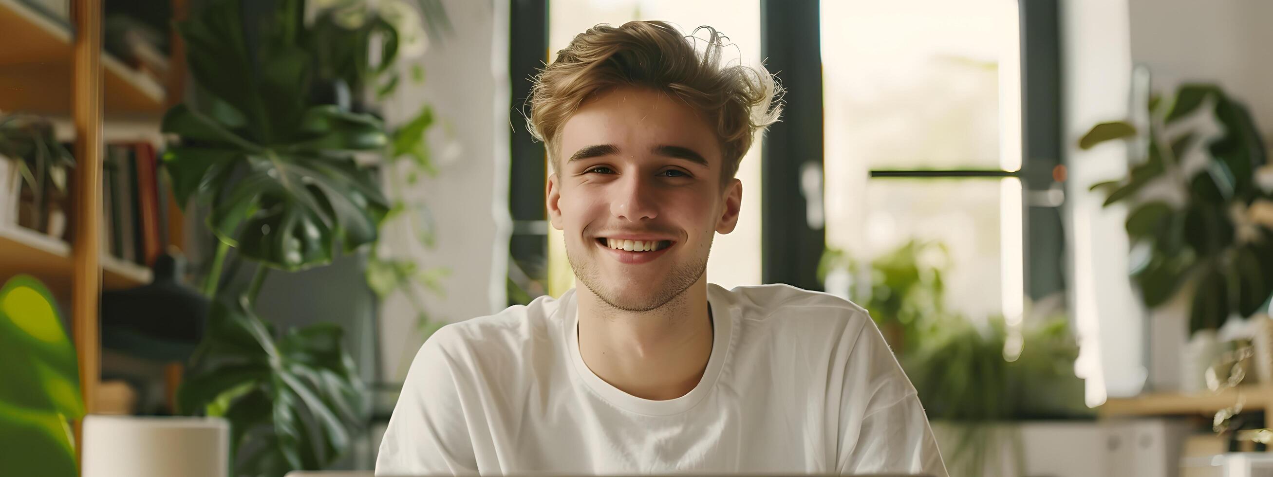 Confident Young Professional Smiling at His Desk in Modern Office photo