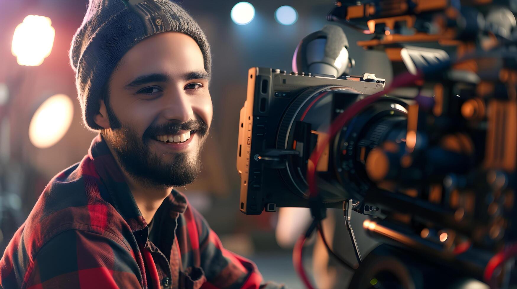Enthusiastic Young Filmmaker Capturing the Scene with Cinematic Fervor photo