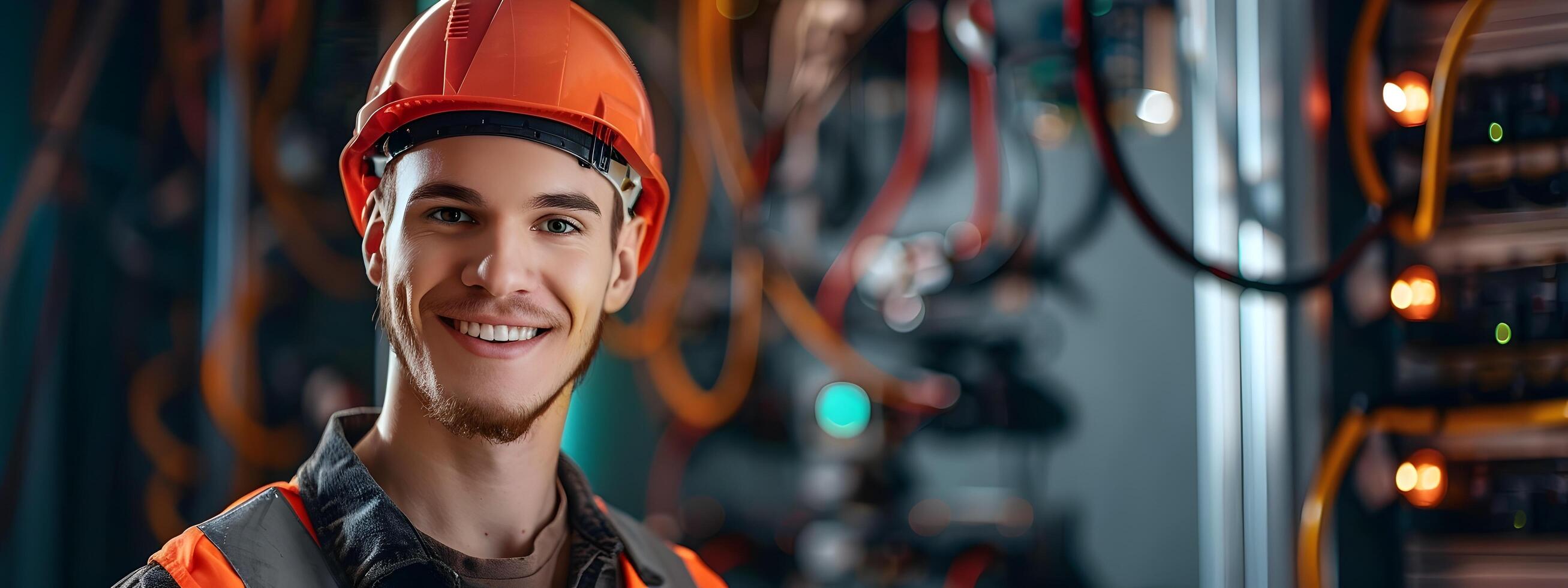 entusiasta joven electricista en protector engranaje realiza eléctrico mantenimiento a industrial sitio de trabajo foto