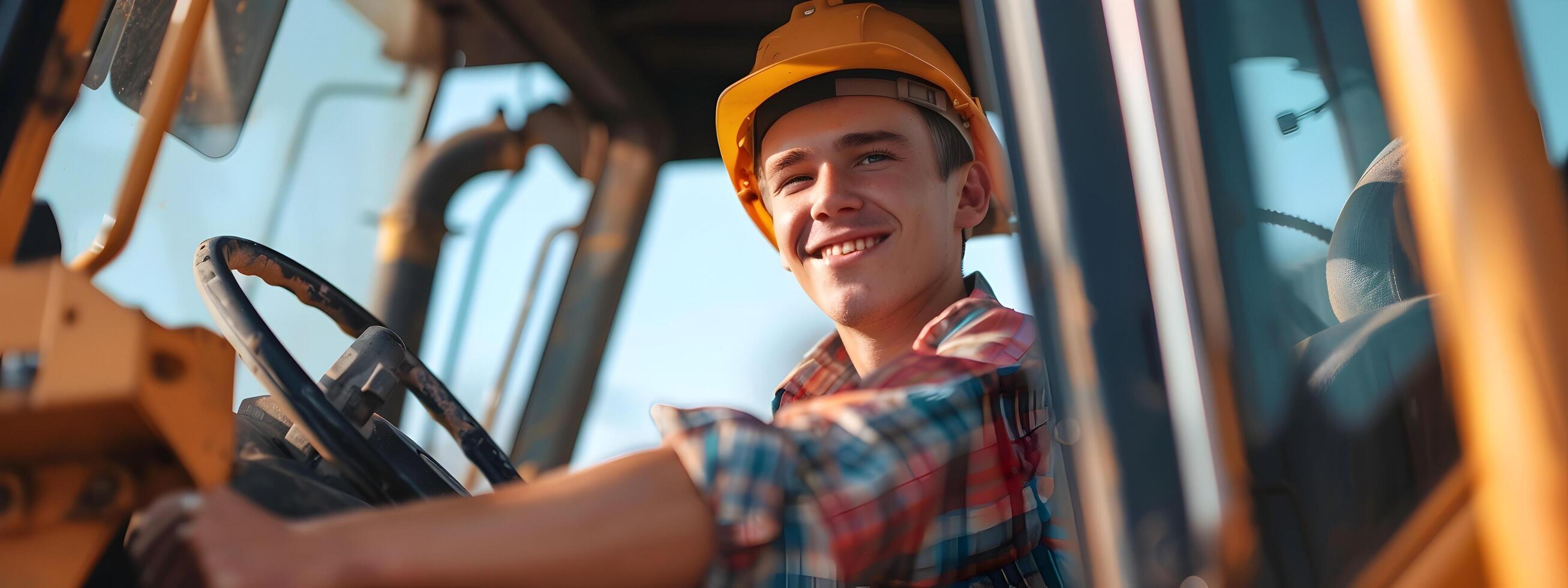 Confident Heavy Equipment Operator Smiling While Steering Excavator on Construction Site photo