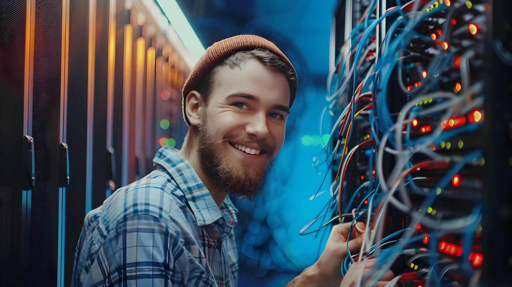 Confident IT Professional Smiling in Busy Office Environment photo