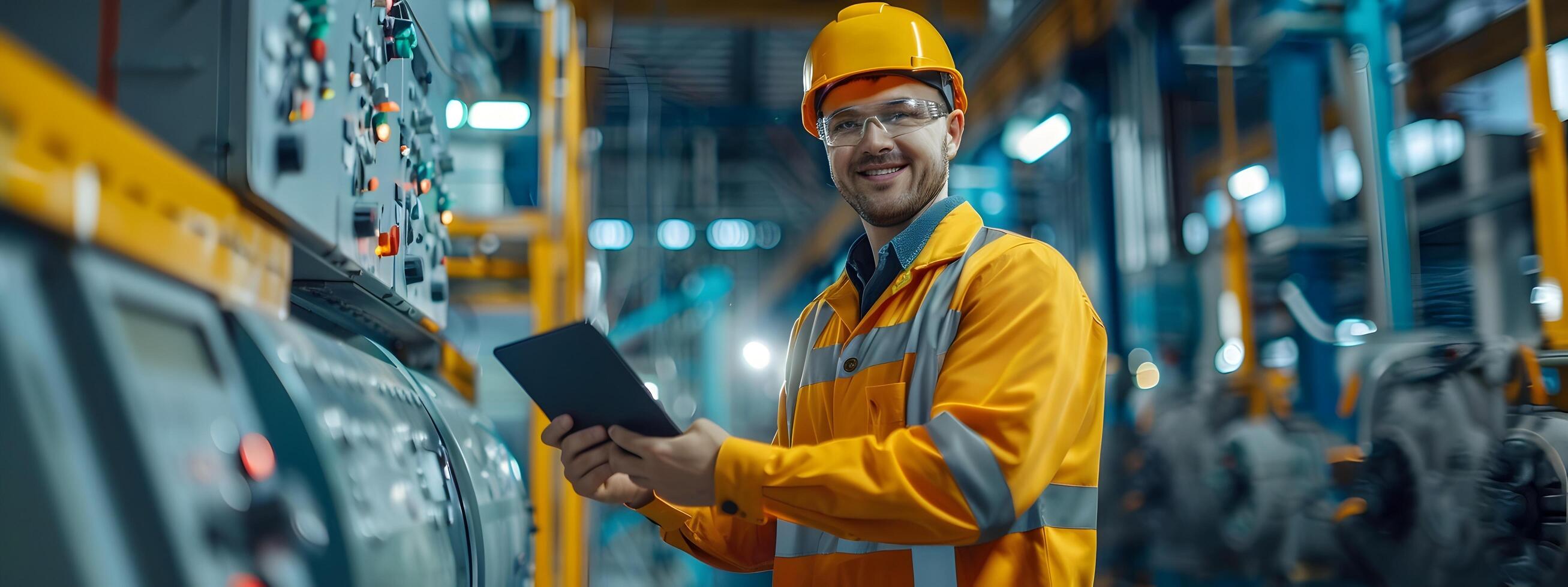 Confident Factory Worker Using Digital Tablet in Industrial Workspace photo