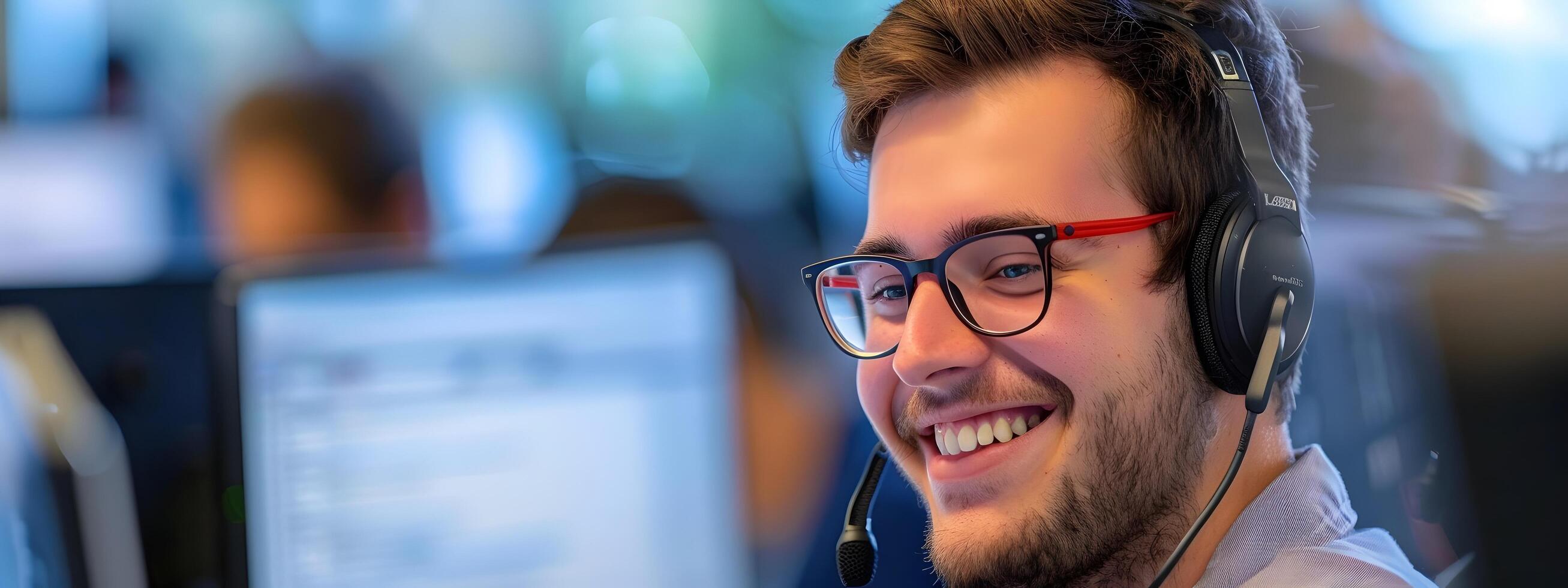 Friendly Young Professional Happily Assisting at Computer Workstation photo