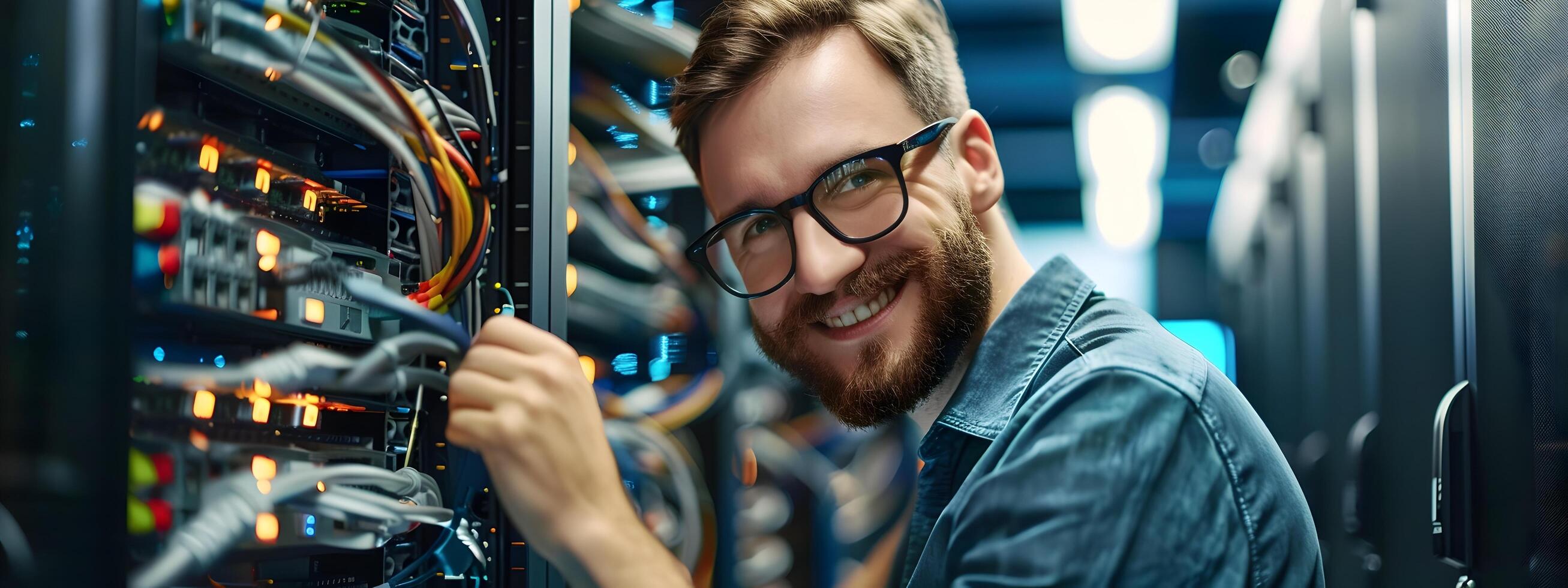 Happy Network Administrator Working Diligently in Computer Server Room photo