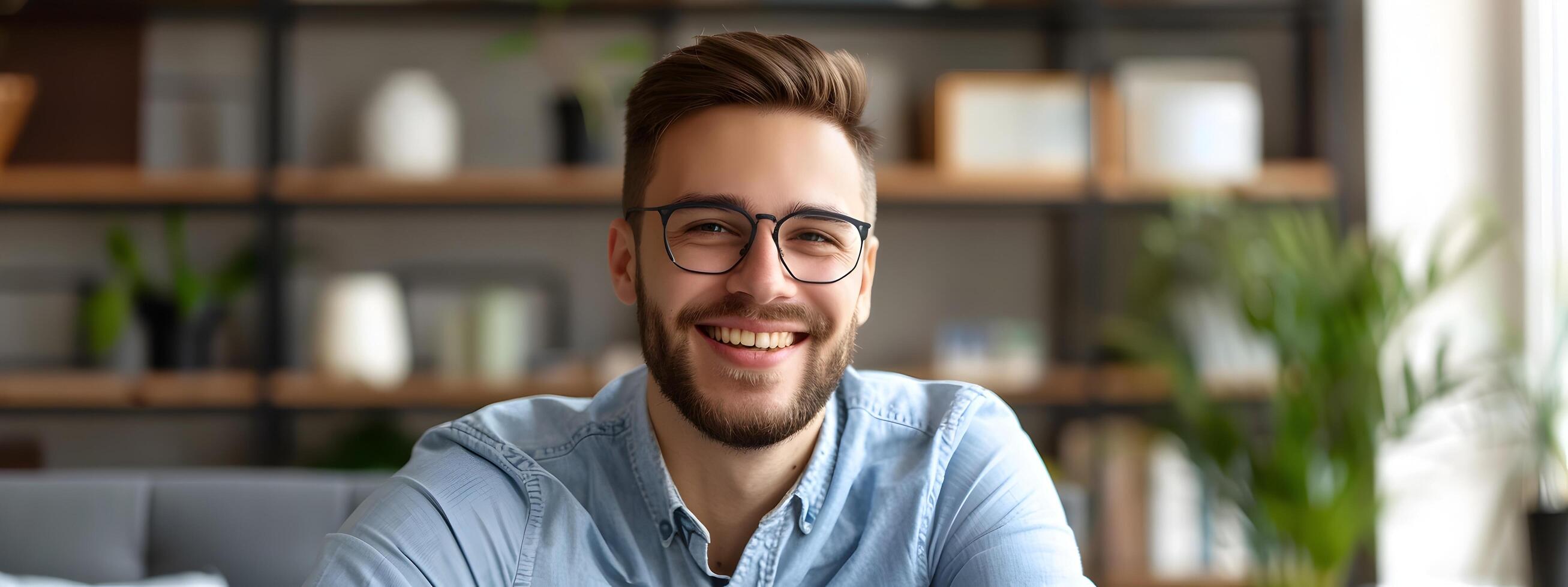 Happy Young Managing Member Smiles at in Modern Office Environment photo