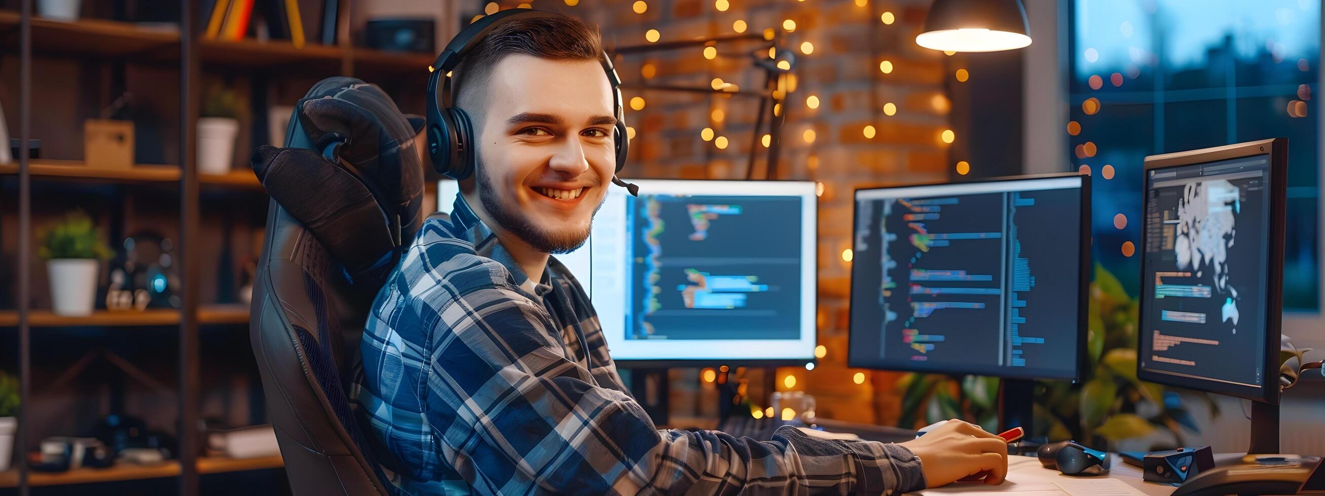Hardworking Software Engineer Joyfully Codes and Programs at His Desk with Multiple Monitors and Laptop in Cozy Office Setting photo