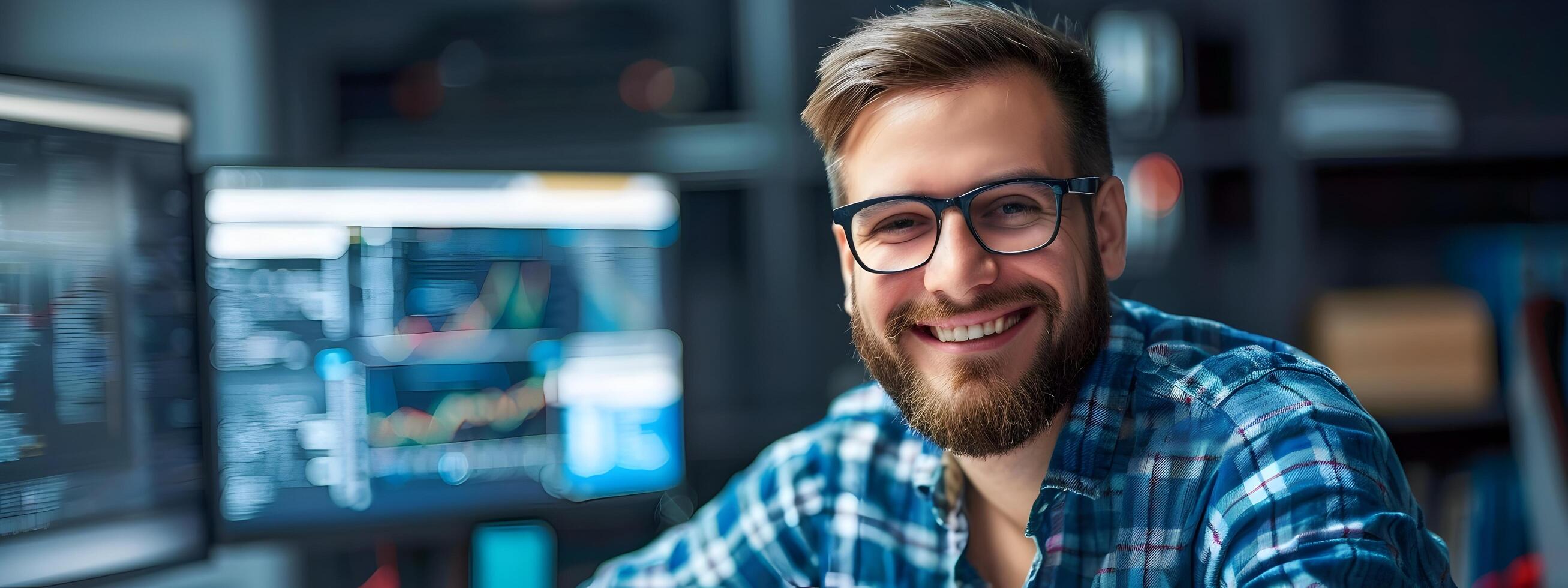 Joyful Technical Specialist Embracing Technology at Workplace photo