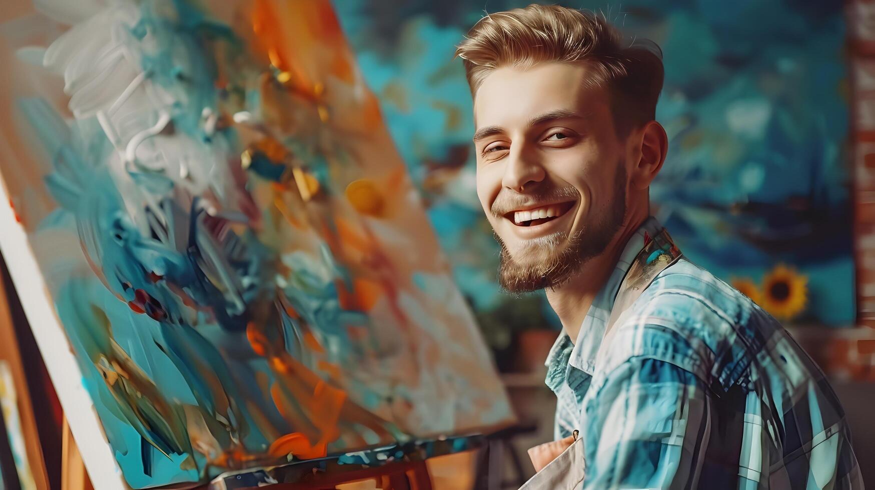 Joyful Young Male Passionately Painting on Vibrant Abstract Canvas in Creative Studio photo