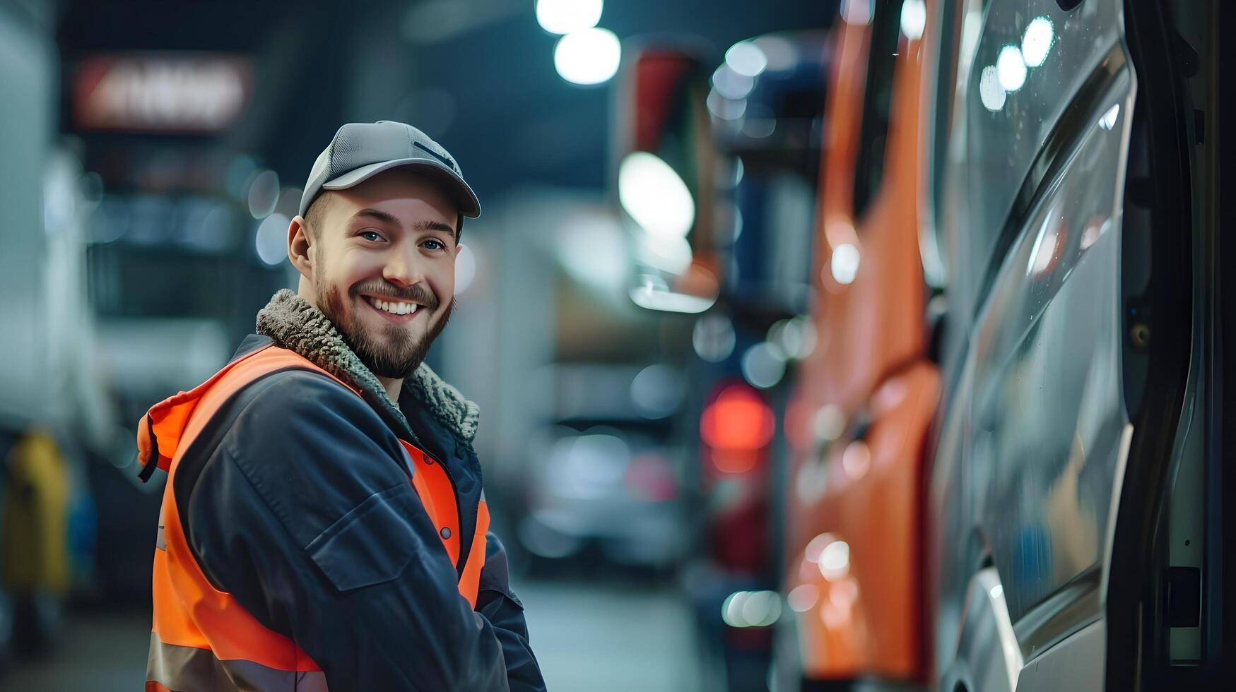 Joyful Automotive or Equipment Maintenance Worker Smiling at the in Front of a Van or Truck on a Dimly Lit Urban Street at Night photo