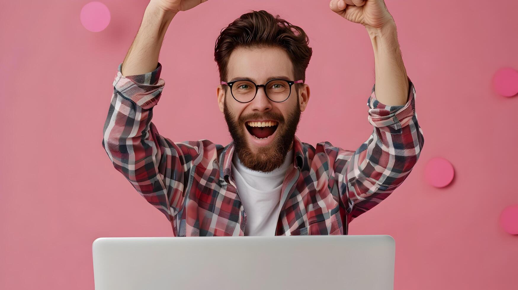 Joyful B2B Sales Specialist Celebrating Success in Modern Office Setting photo