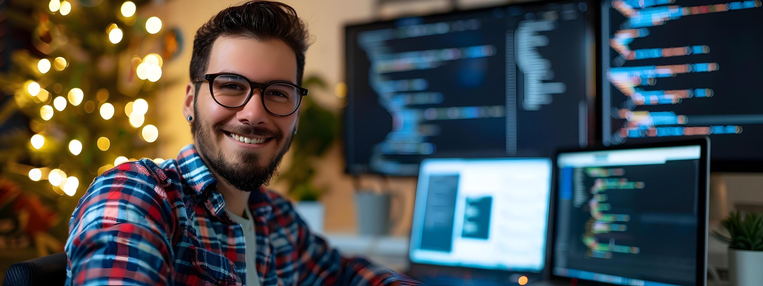 Satisfied Young Software Developer Coding at His Workstation in a Cozy Home Office Setting photo