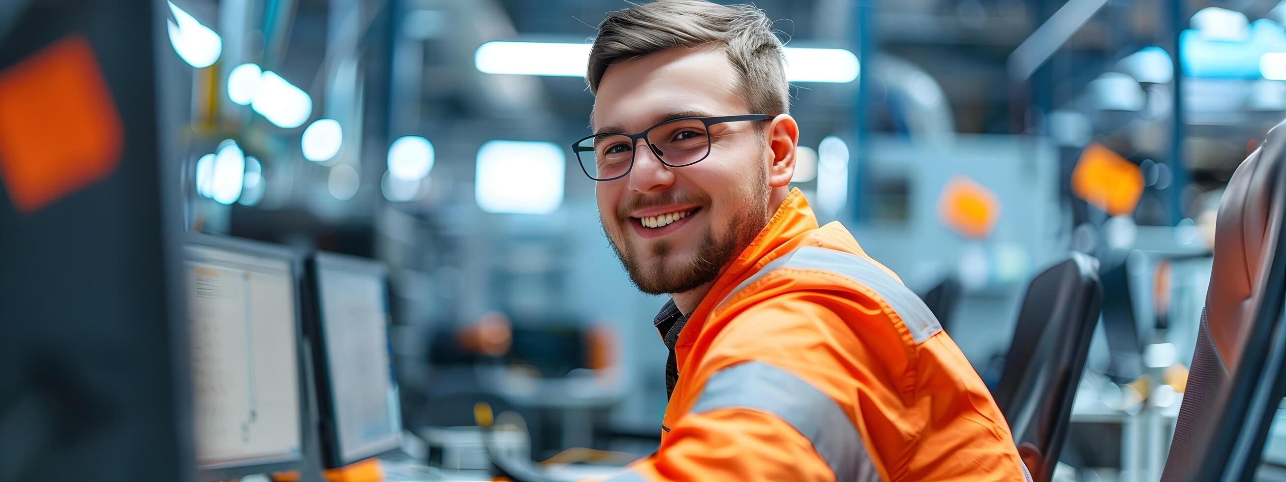 Happy Young Professional Working Diligently in a Modern Industrial Facility photo