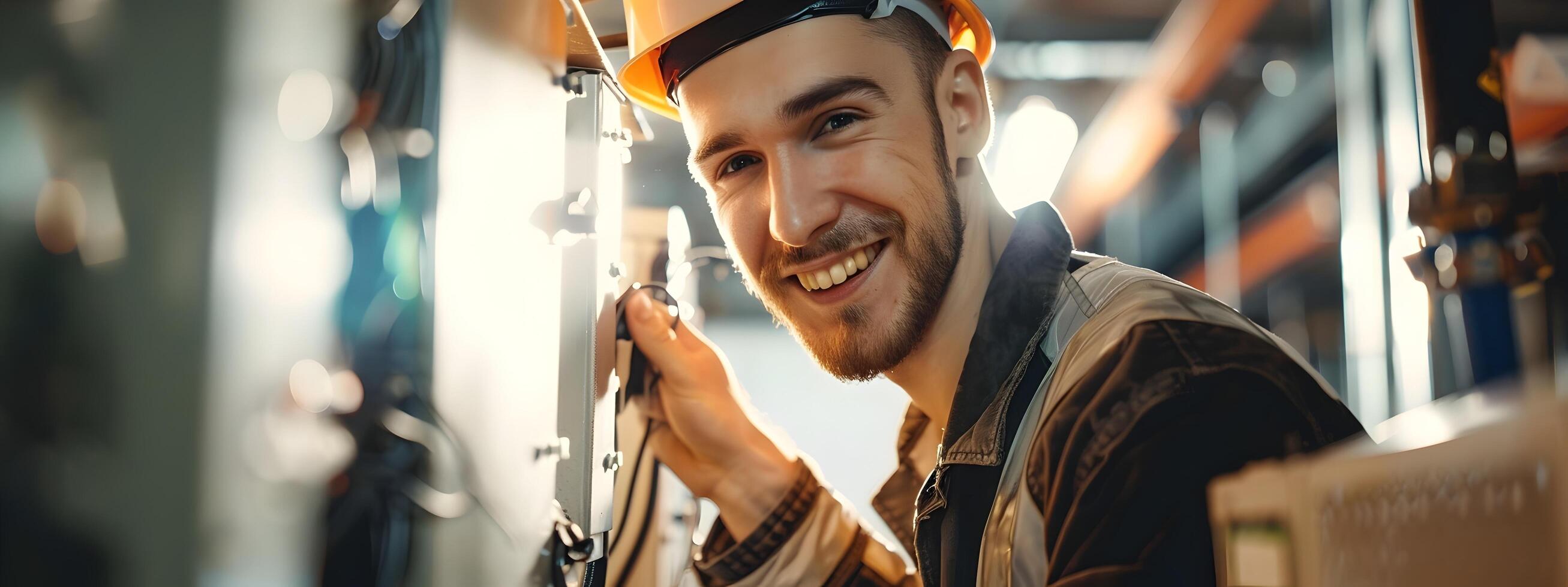 Smiling Young Electrician Working at Construction Site with Tools and Safety Gear photo