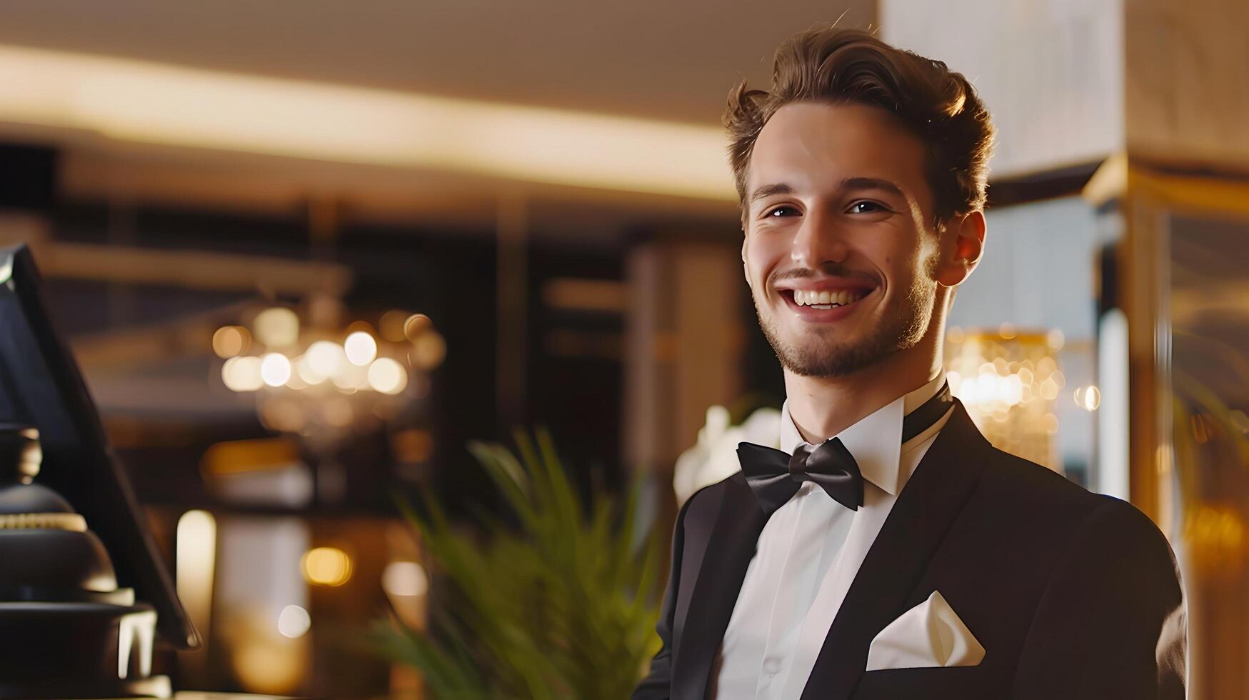 Smiling Young Professional Concierge in Elegant Hotel Interior photo