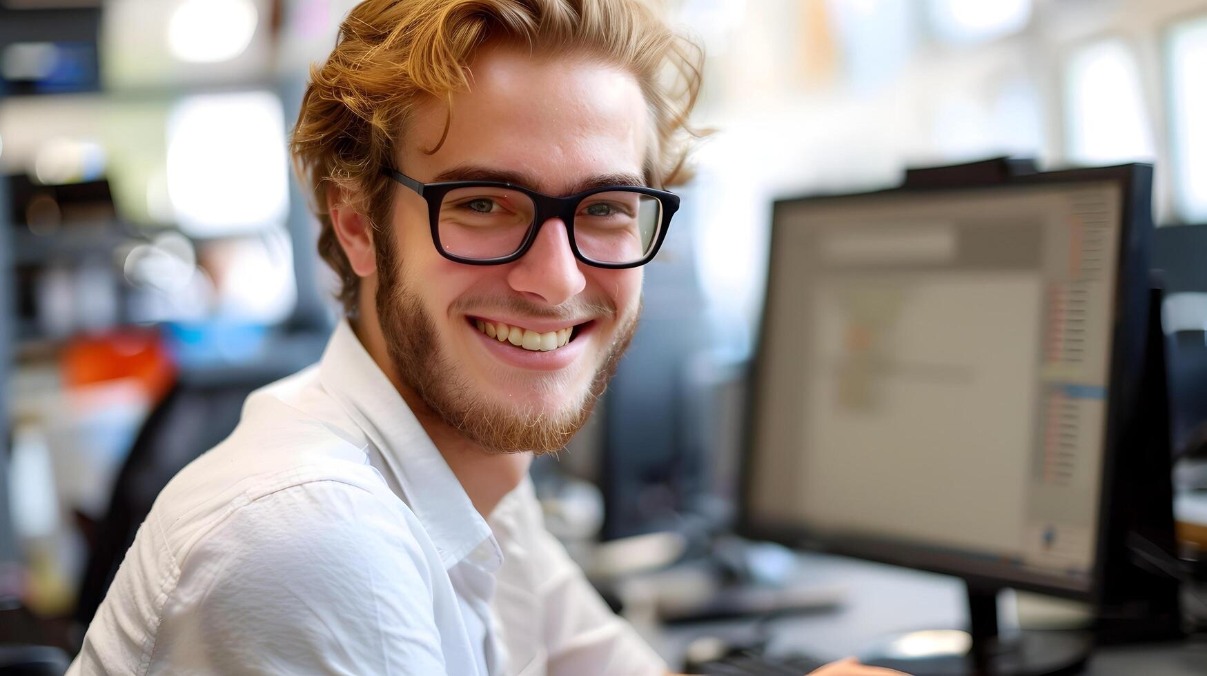 Smiling Young Professional Technician Working Diligently at Computer in Office photo
