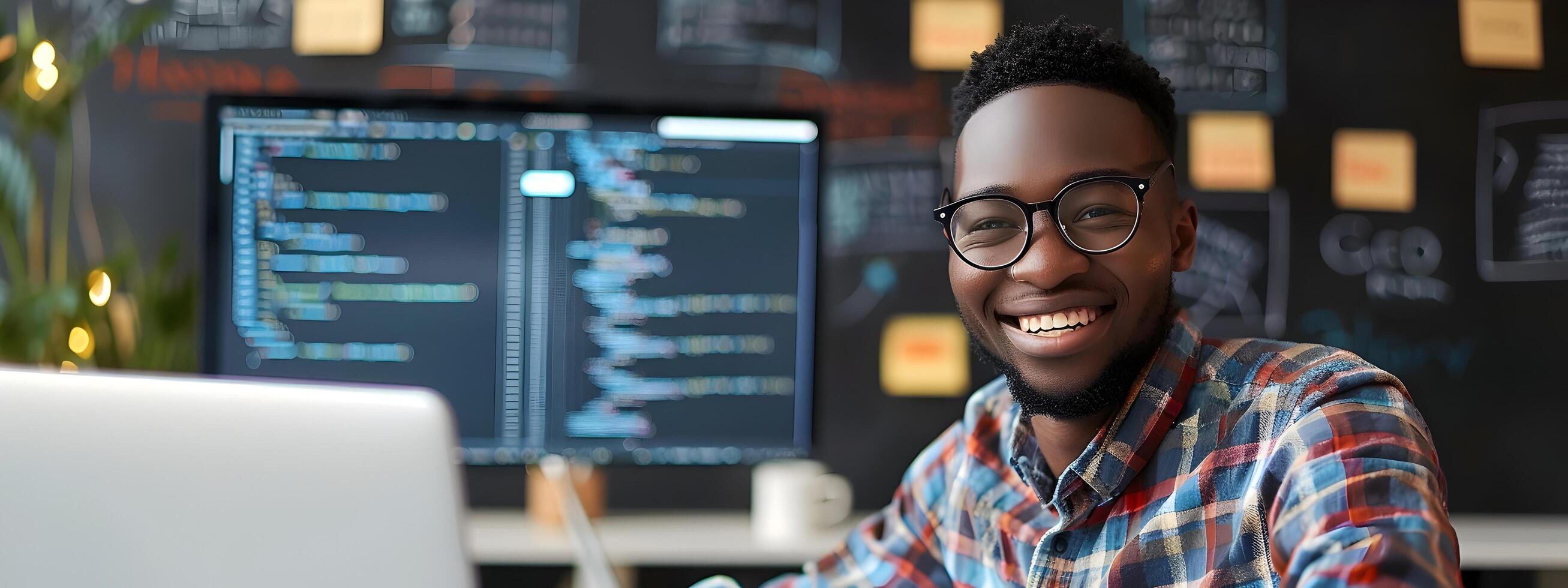 Smiling Young Web Developer Coding on Laptop in Cozy Workspace photo