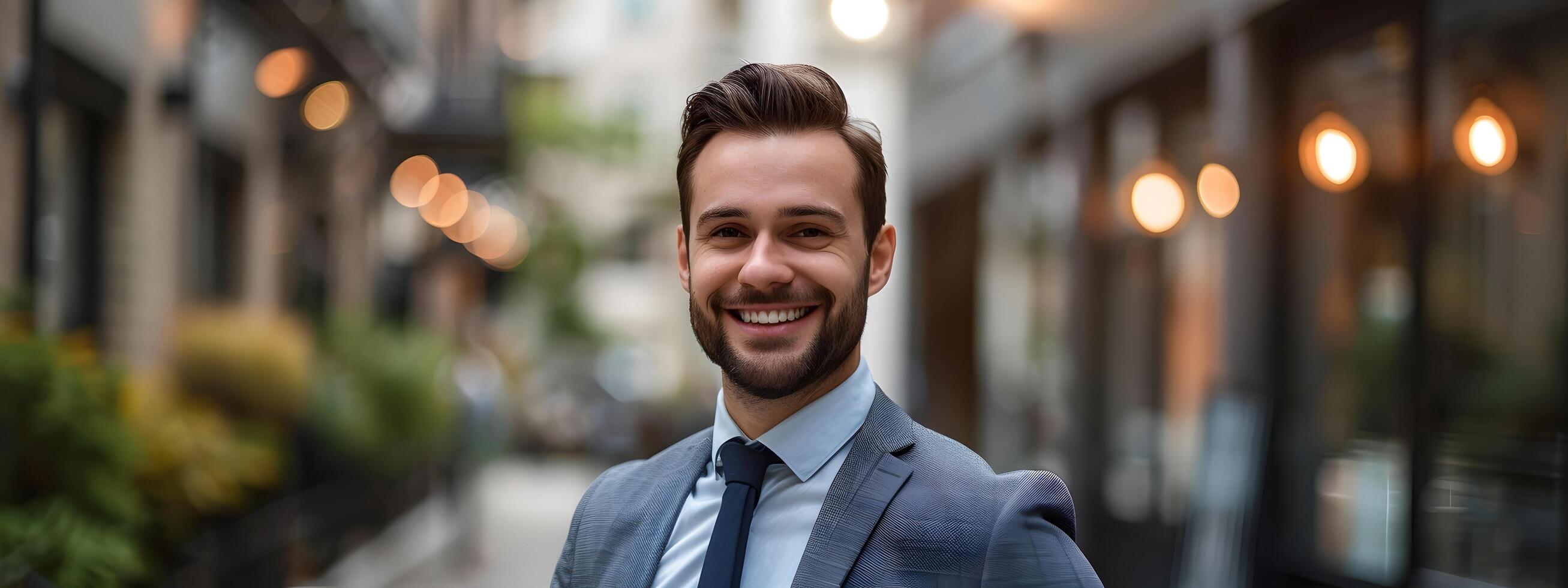 Successful Young Professional in Formal Business Attire Displaying Confident Smile photo