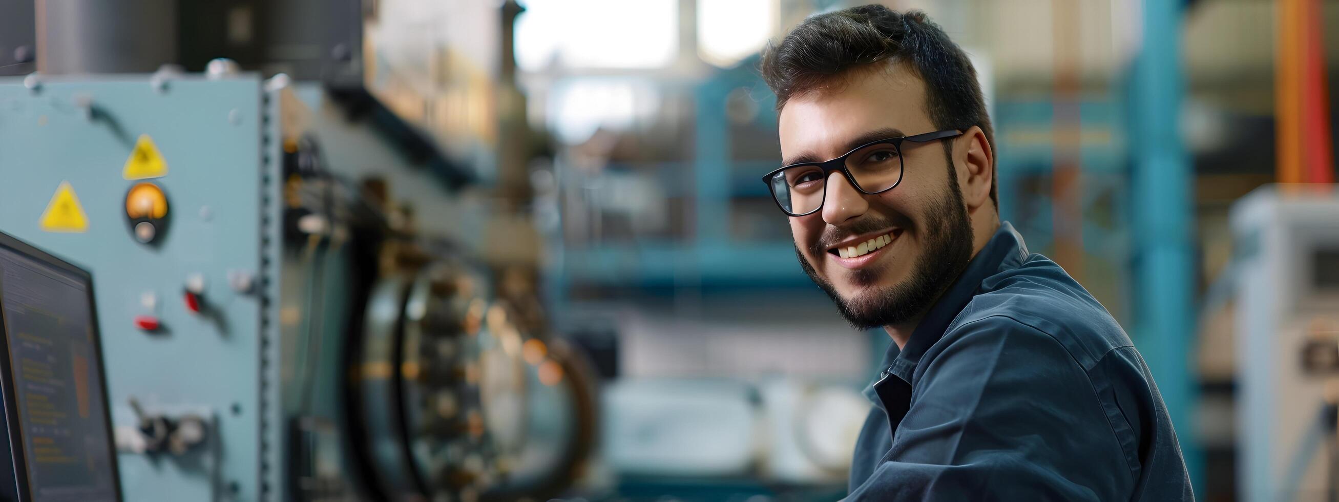 Smiling Young Sales Engineer Efficiently Operating Machinery in Industrial Workspace photo