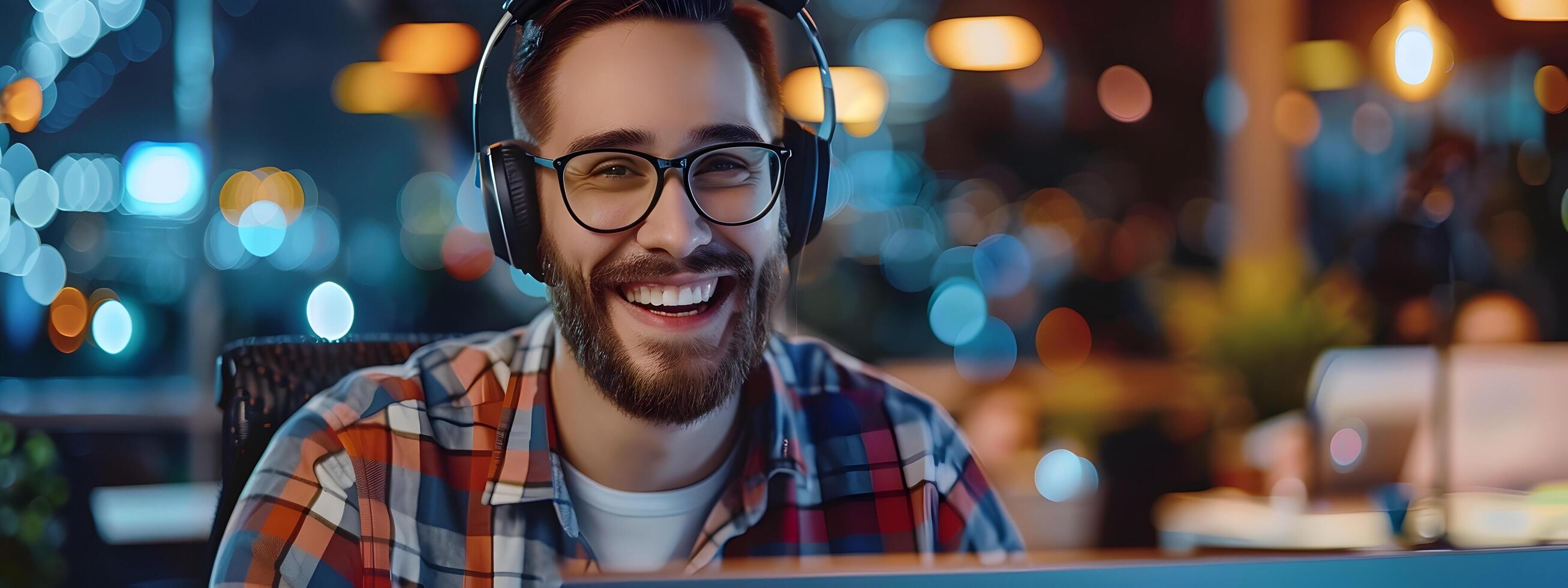 Smiling Young Technical Support Specialist Assisting Customers with Headphones and Computer in Modern Office Environment photo