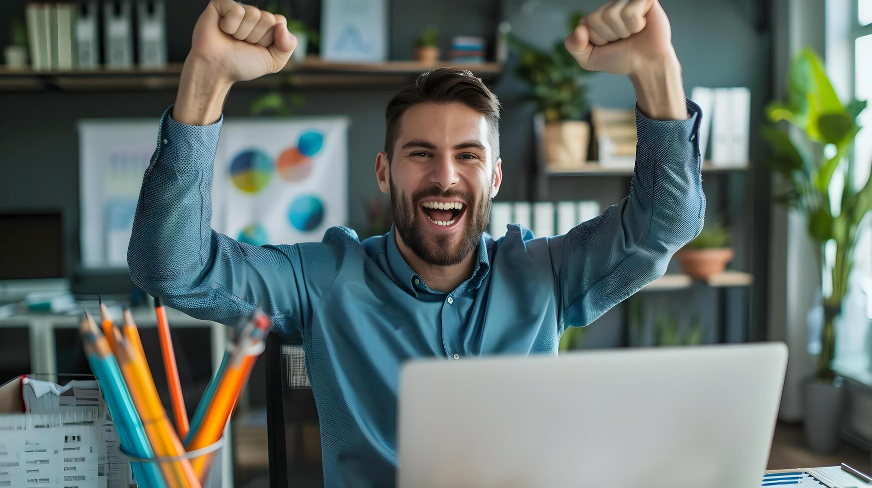 Triumphant Young Businessman Celebrating Professional Success in Office Environment photo