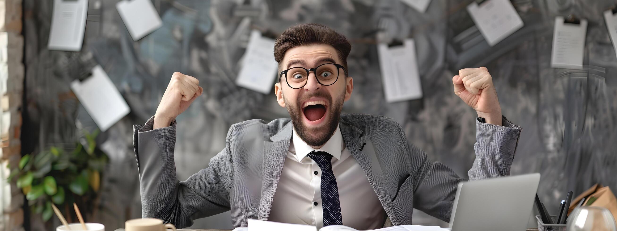 Thrilled Young Professional Celebrating Accomplishments at Desk photo