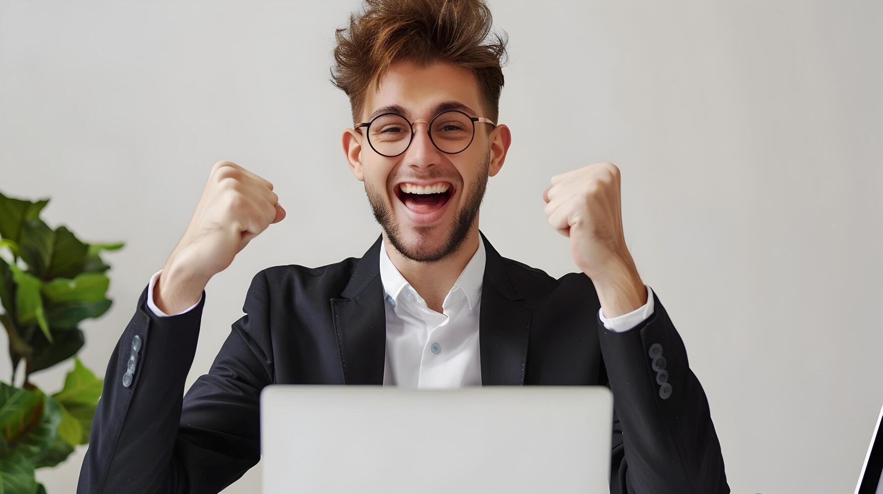 Young Professional Celebrating Successful Workday at Office Desk photo