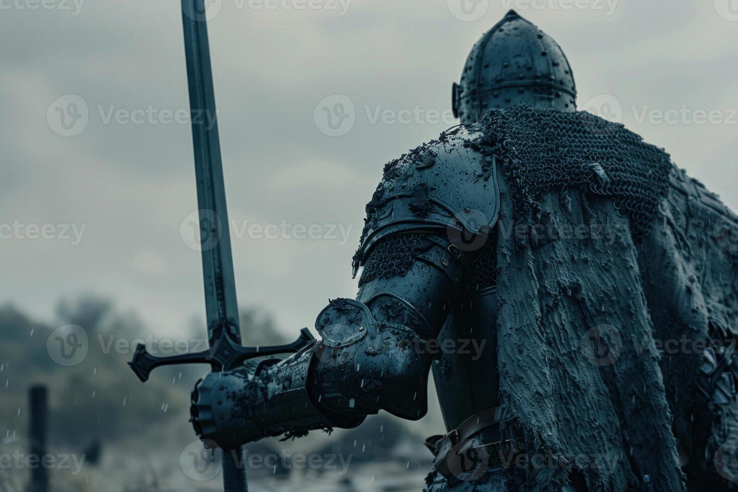 Medieval knight in armor raises his sword high in the rain, symbolizing triumph and valor on a solemn, war-torn battlefield photo