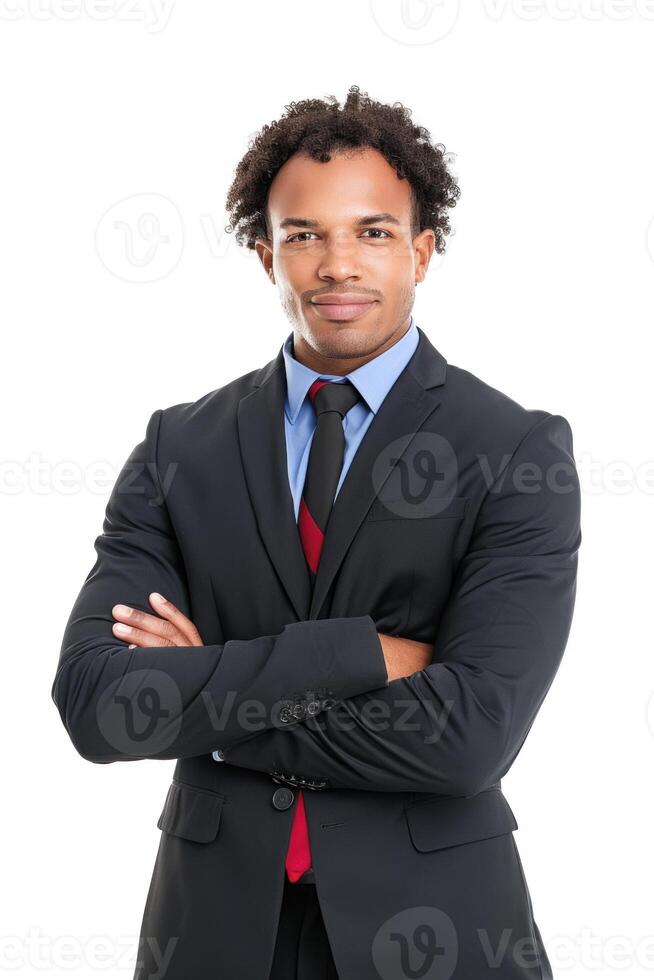 Confident businessman crossing his arms on white background photo