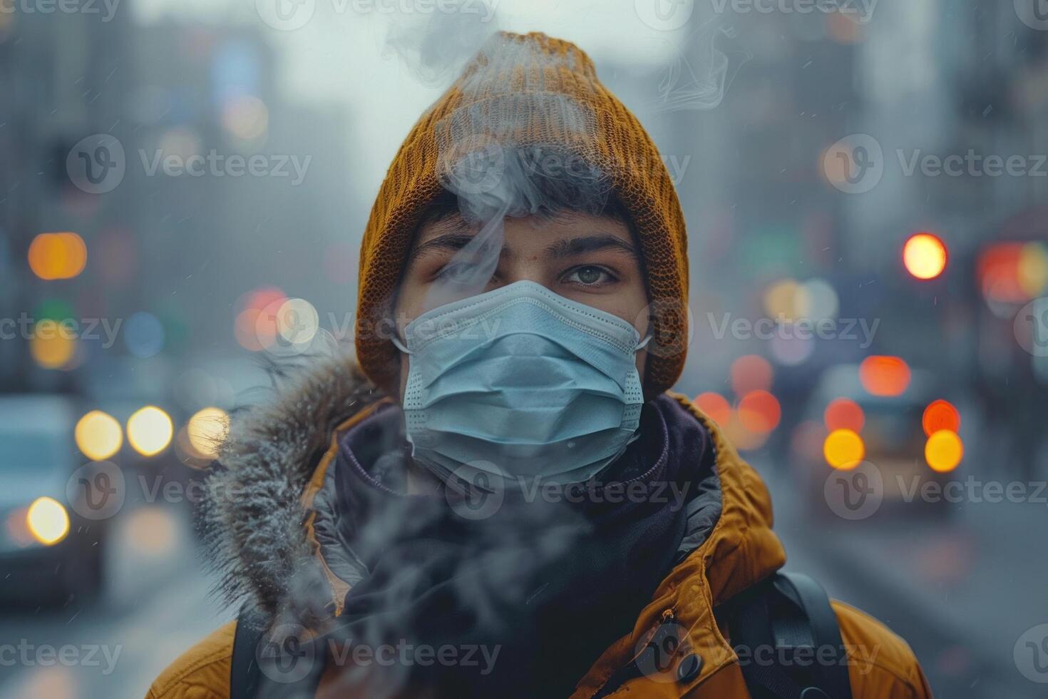 Young man in a protective face mask and warm winter attire stands on a bustling city street, his breath visible in the cold air, with blurred city lights in the background photo